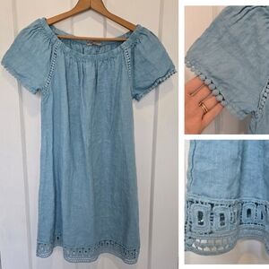Luisa Perla 100% Linen Crochet Trim Blue Scoop Neck Dress Coastal Cowgirl Size S